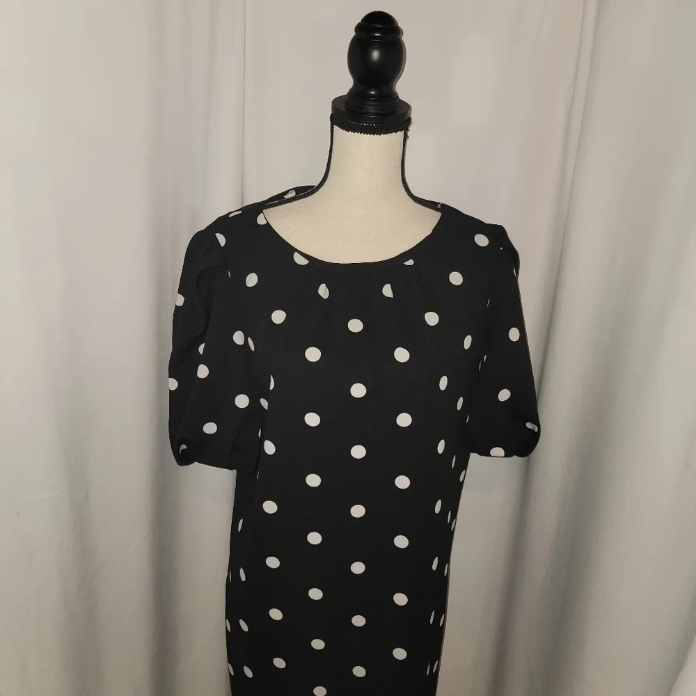New York And Company Women’s Dress Polka Dot Sheath Puffy Sleeve Stretch - Picture 5 of 6